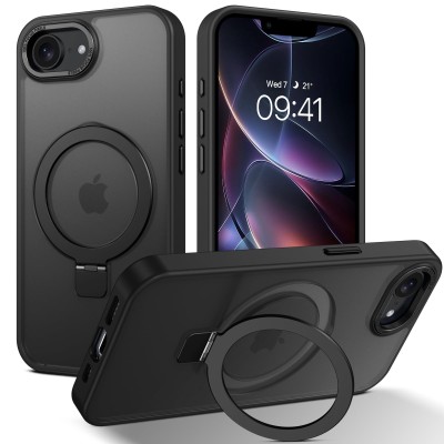 For iPhone 17E / 16E / SE4 Carbon Design [Magnetic Circle] with Ring Stand Hybrid Case - Black