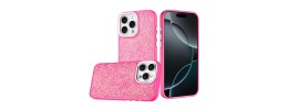 For iPhone 17E / 16E / SE4 Crystal Glass Diamond with Metallic Buttons and Edges Hybrid Case - Hot Pink