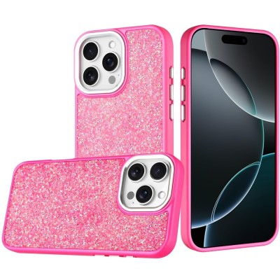 For iPhone 17E / 16E / SE4 Crystal Glass Diamond with Metallic Buttons and Edges Hybrid Case - Hot Pink