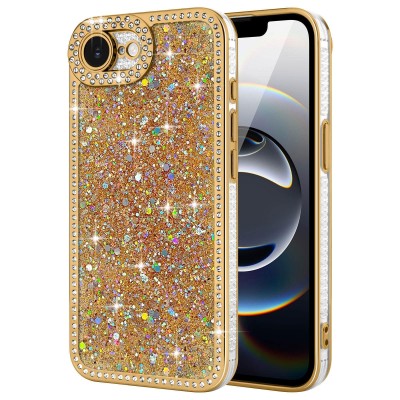 For iPhone 17E / 16E / SE4 Crystal Glass Diamond with Metallic Buttons and Edges Hybrid Case - Rose Gold