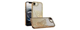 For iPhone 17E / 16E / SE4 Cute Butterfly Ornaments Diamonds Shimmer Matching Metallic HQ Hybrid - Rose Gold