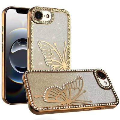 For iPhone 17E / 16E / SE4 Cute Butterfly Ornaments Diamonds Shimmer Matching Metallic HQ Hybrid - Rose Gold