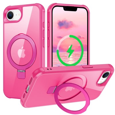 For iPhone 17E / 16E / SE4 Fearless Tough HQ Metallic Hybrid with Camera Ring Stand [Magnetic Circle] Case - Hot Pink