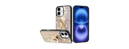 For iPhone 17E / 16E / SE4 SPLENDID Diamond Glitter Ornaments Engraving Case Cover - Good Luck Floral Gold