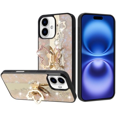 For iPhone 17E / 16E / SE4 SPLENDID Diamond Glitter Ornaments Engraving Case Cover - Good Luck Floral Gold