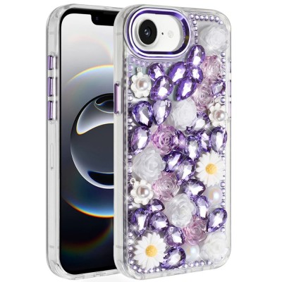 For iPhone 17E / 16E / SE4 Spectacular Full Bling Stones Glitter HQ Hybrid Floral Series - Purple