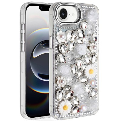 For iPhone 17E / 16E / SE4 Spectacular Full Bling Stones Glitter HQ Hybrid Floral Series - White