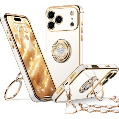 For iPhone 17E / 16E / SE4 Splendid Glitter with Diamonds All Around Edges Ring Stand Case Cover - Gold