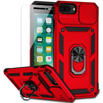 For iPhone 8 Plus/7 Plus Complete Magnetic Metal Ring Stand Camera Protection Hybrid - Red