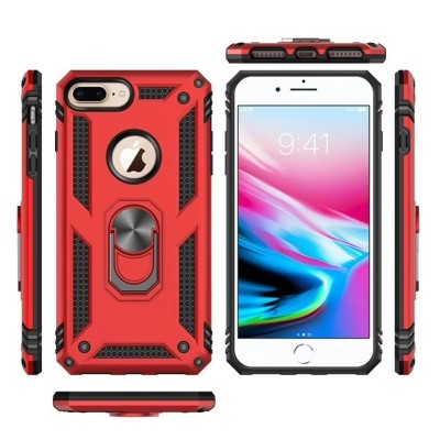 For iPhone 8 Plus/7 Plus Flap Magnetic Ring Transparent Hybrid - Red