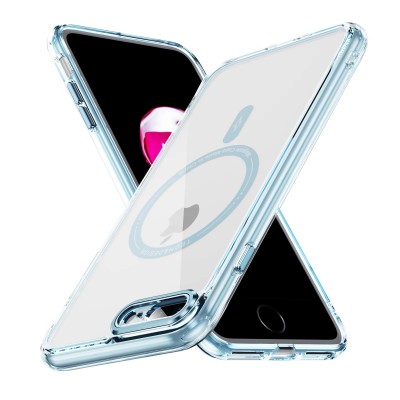 For iPhone 8 Plus/7 Plus Greatest Clear Acrylic [Magnetic Circle] ShockProof ToughThick Metal Button Hybrid - Light Blue