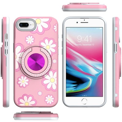 For iPhone 8 Plus/7 Plus Metal Diamond CD Pattern Design Matte Finished Hybrid with Rotational Ring [Car Mount Friendly] Case - Hearts