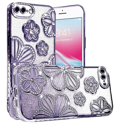 For iPhone 8 Plus/7 Plus Shimmer Glitter Floral Design Thick TPU Case Cover - Purple