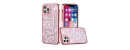For iPhone 12 Pro Max 6.7 Embroidery Bling Glitter Chrome Hybrid Case Cover - TEXAS on Pink
