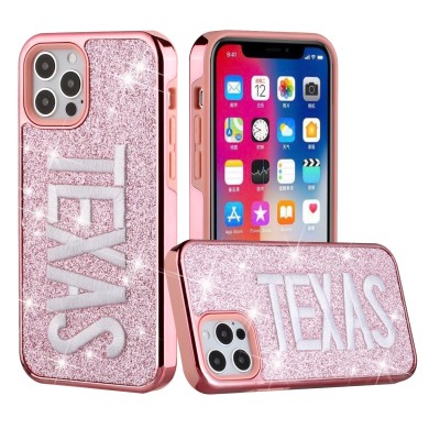 For iPhone 12 Pro Max 6.7 Embroidery Bling Glitter Chrome Hybrid Case Cover - TEXAS on Pink