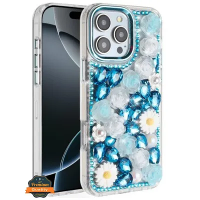 For iPhone 17 Pro Muti-Color Floral Bling Stones Ornaments Case  Blue