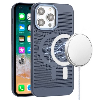 For iPhone 12 Pro Max 6.7 Magnetic Ring Radiator Design Hybrid with Metal Buttons Case Coverr - Navy Blue