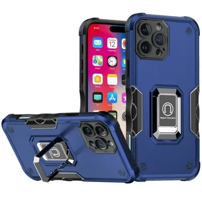 For iPhone 16 Pro 6.3 inch OPTIMUM Magnetic Ring Stand Hybrid Case Cover - Blue