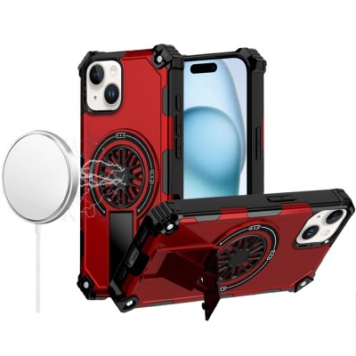 For iPhone 15 CD Texture Design Magnetic Car Mount Friendly HQ Hybrid - Red