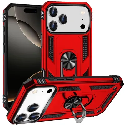 For iPhone 17 Pro Max Ring Magnetic Kickstand Hybrid Case Cover- Red
