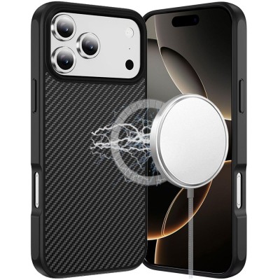 For iPhone 17 Pro Max CarbonFiber Design Magnetic Ring HQ Thick  2.0mm Hybrid Case - Black