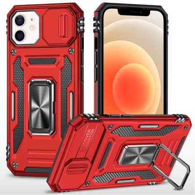 For iPhone 12 & iPhone 12 Pro Utter Tough Metal Ring Movable  Camera Window Hybrid - Red