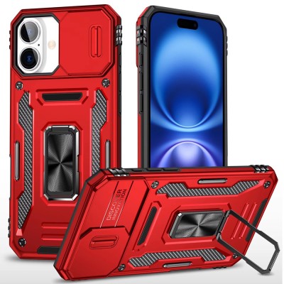 For iPhone 17 Utter Tough Metal Ring Movable Camera Window  Hybrid Case Cover - Red