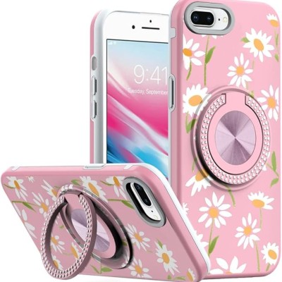 For iPhone 8 Plus/7 Plus Metal Diamond CD Pattern Design Matte Finished Hybrid with Rotational Ring [Car Mount Friendly] Case - Floral A