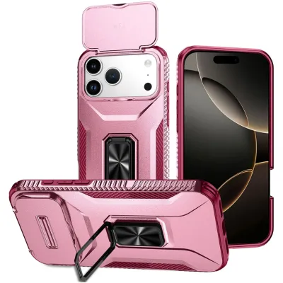 For iPhone 17 Pro Max Complete Magnetic Metal Ring Stand  Camera Protection Hybrid - Pink+Burgundy