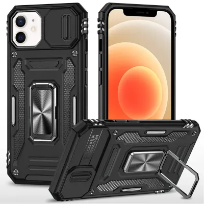 For iPhone 12 & iPhone 12 Pro Utter Tough Metal Ring Movable Camera Window Hybrid - Black