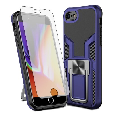 For iPhone SE 3 (2022) SE/8/7 AQUA Strong Magnetic Ring Stand Hybrid Case Cover - Dark Blue