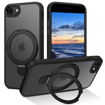 For iPhone SE 3 (2022) SE/8/7 Aluminium Alloy Magnetic Ring Stand Hybrid Case Cover - Black