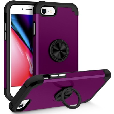 For iPhone SE 3 (2022) SE/8/7 Card Holder with Magnetic Ring Stand Hybrid Case Cover - Light Purple