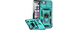 For iPhone SE 3 (2022) SE/8/7 Card Holder with Magnetic Ring Stand Hybrid Case Cover - Teal