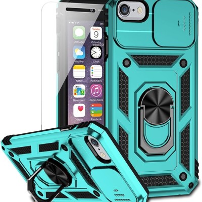 For iPhone SE 3 (2022) SE/8/7 Card Holder with Magnetic Ring Stand Hybrid Case Cover - Teal