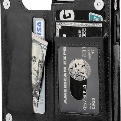 For iPhone SE 3 (2022) SE/8/7 Luxury Side Magnetic Button Card ID Holder PU Leather Case Cover - Black