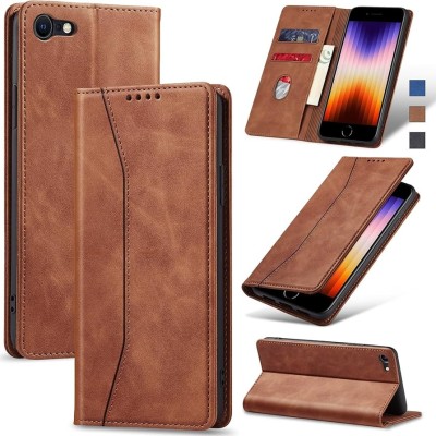 For iPhone SE 3 (2022) SE/8/7 Luxury Side Magnetic Button Card ID Holder PU Leather Case Cover - Brown