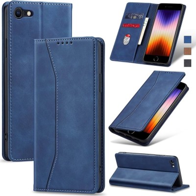 For iPhone SE 3 (2022) SE/8/7 Luxury Side Magnetic Button Card ID Holder PU Leather Case Cover - Dark Blue