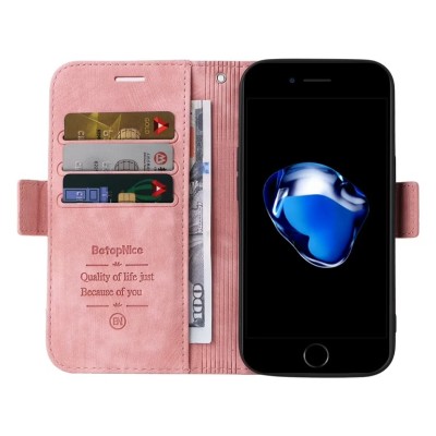 For iPhone SE 3 (2022) SE/8/7 Luxury Side Magnetic Button Card ID Holder PU Leather Case Cover - Rose Gold