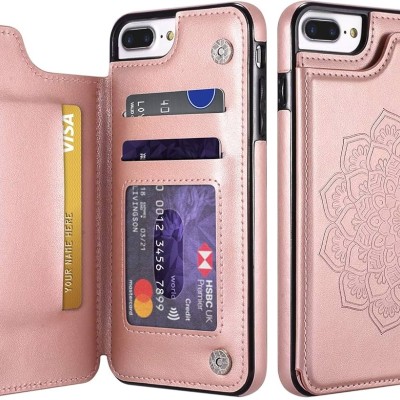 For iPhone SE 3 (2022) SE/8/7 Luxury Side Magnetic Button Card ID Holder PU Leather Case Cover - Rose Gold Mandala Flower