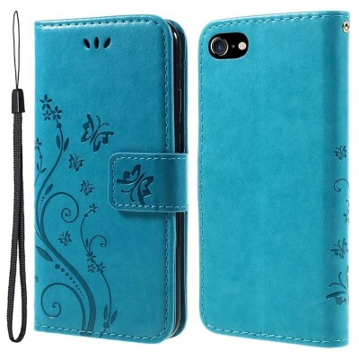 For iPhone SE 3 (2022) SE/8/7 Luxury Side Magnetic Button Card ID Holder PU Leather Case Cover - Teal Mandala Flower