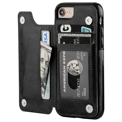 For iPhone SE 3 (2022) SE/8/7 Luxury Vertical Magnetic Button Card ID Holder PU Leather Case Cover - Black