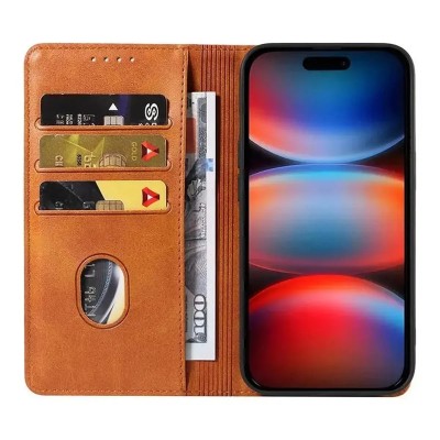 For iPhone SE 3 (2022) SE/8/7 Luxury Vertical Magnetic Button Card ID Holder PU Leather Case Cover - Brown