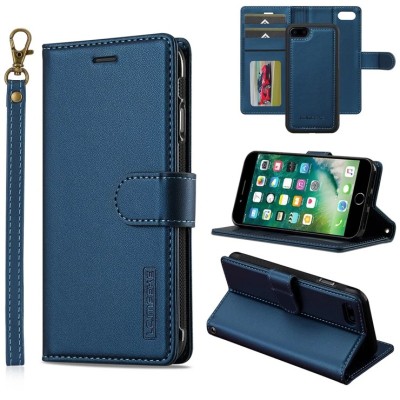 For iPhone SE 3 (2022) SE/8/7 Luxury Vertical Magnetic Button Card ID Holder PU Leather Case Cover - Dark Blue