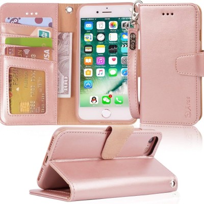 For iPhone SE 3 (2022) SE/8/7 Luxury Vertical Magnetic Button Card ID Holder PU Leather Case Cover - Rose Gold
