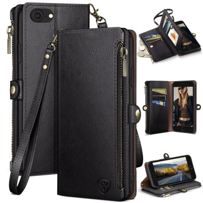 For iPhone SE 3 (2022) SE/8/7 Luxury Wallet Card ID Zipper Money Holder Case Cover - Black