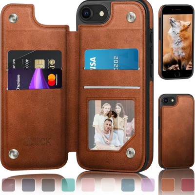 For iPhone SE 3 (2022) SE/8/7 METKASE Wallet PU Vegan Leather ID Card Money Holder with Magnetic Closure in Slide-Out Package - Brown