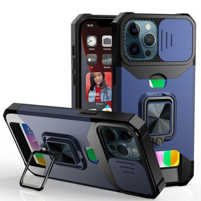 For iPhone SE 3 (2022) SE/8/7 Multi-Functional Card Magnetic Ring Stand Hybrid Camera Case Cover - Blue