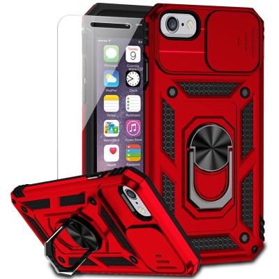 For iPhone SE 3 (2022) SE/8/7 Multi-Functional Card Magnetic Ring Stand Hybrid Camera Case Cover - Red