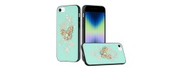 For iPhone SE 3 (2022) SE/8/7 Passion Square Hearts Diamond Glitter Ornaments Engraving Case Cover - Garden Butterflies Teal